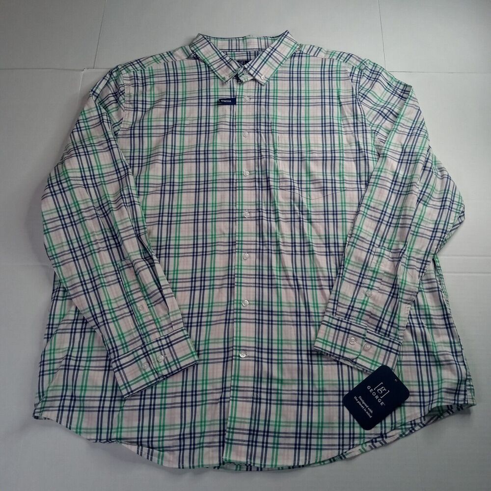 George Poplin Button Down Shirt Men's 2XL Pink Green White Plaid‎ Classic Fit